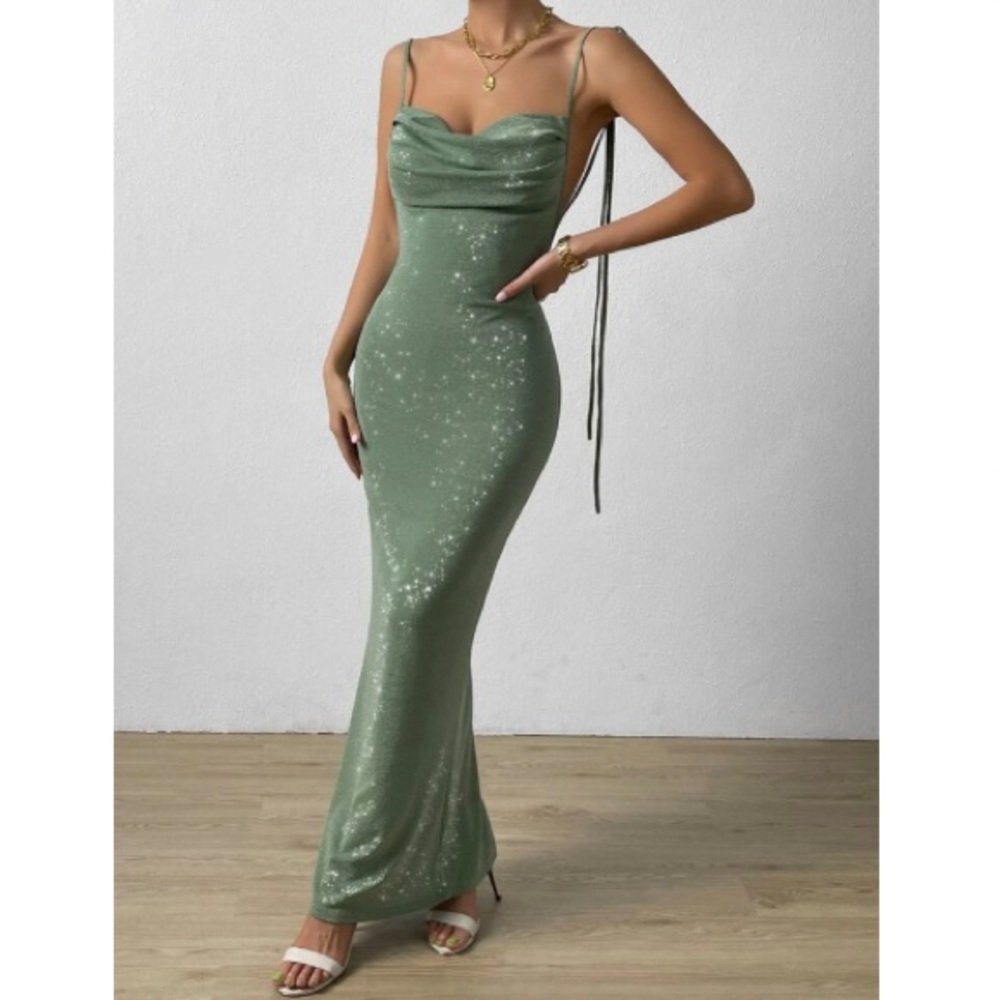 Luxe knot shoulder backless bodycon formal party evening dress - Picture 3 of 7